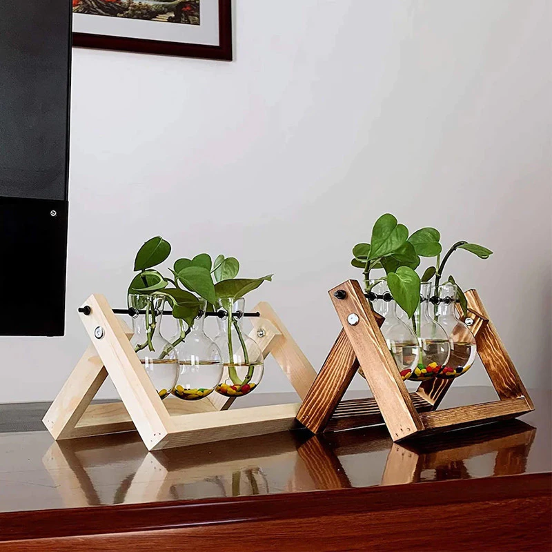 Desktop Plant Terrarium Glass Planter Bulb Vase with Retro Solid Wooden Stand