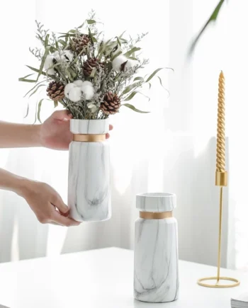 Modern Creative Marble Vase Ceramic Vase White Marble with Gold Lining Vase Home Decor