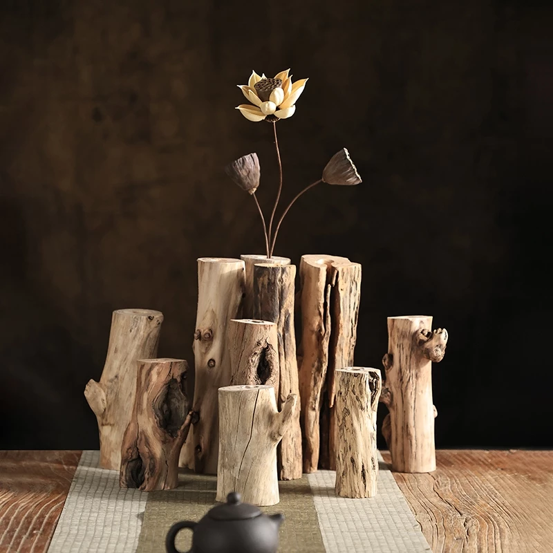 Rustic Wooden Vase丨Natural Solid Wood Log Flower Pot for Living Room, Office, Café, Home Decoration